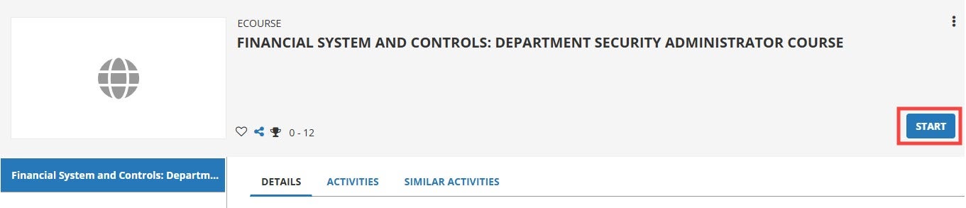 Screenshot of the DSA Course registration page in the LMS with the Start button highlighted